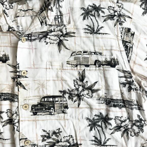 Hawaiian Shirt Mens Large Dad Button Up Casual Coastal Classic Cars Vacation - Picture 2 of 7